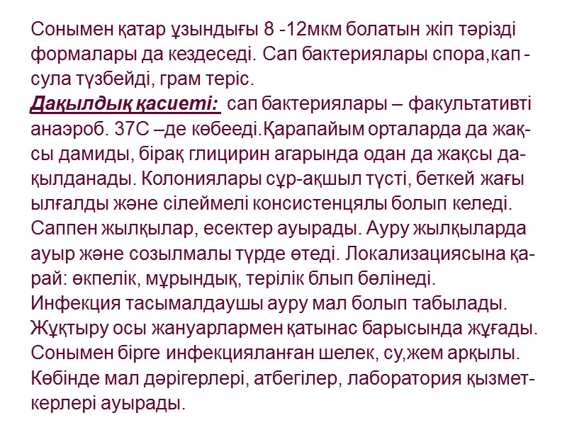Сонымен қатар ұзындығы 8 -12мкм болатын жіп тәрізді формалары да кездеседі. Сап бактериялары спора,кап
